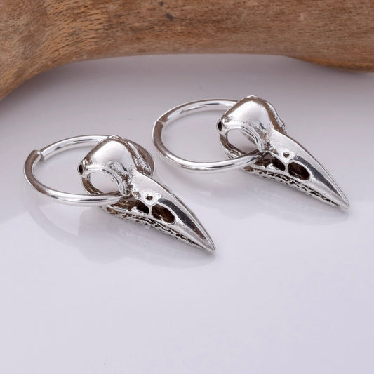 925 Silver raven skull hoop earrings